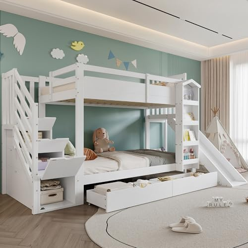 LZPUOUI Litera 90x200cm Blanca con Tobogan de Juegos Estanteria de Libros y Cajones Estructura de Litera Alta con Escalera de Almacenaje Marco de Litera Cama Juvenil para Dormitorio y Hogar