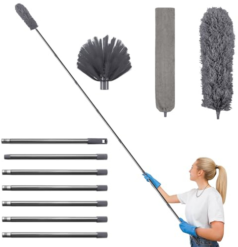 Terafeels 310 cm Staubwedel Lang Teleskop Waschbar, mit 1 Biegbare Eckbesen und 1 Spinnenwebenentferner für Reinigung Unter Sofa Möbeln Deckenventilator Spinnweben (Grau)
