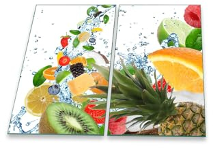 decorwelt | Herdabdeckplatten 2x30x52 cm Ceranfeldabdeckung 2-Teilig Universal Elektroherd Induktion für Kochplatten Herdschutz Deko Schneidebrett Sicherheitsglas Spritzschutz Glas Früchte