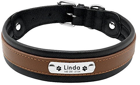 aplusashop ID Echtleder Halsband mit Edelstahlplatte + Gravur nach Wunsch Hund in 6 Farben M L XL (Schwarz-braun M 30-42 cm)