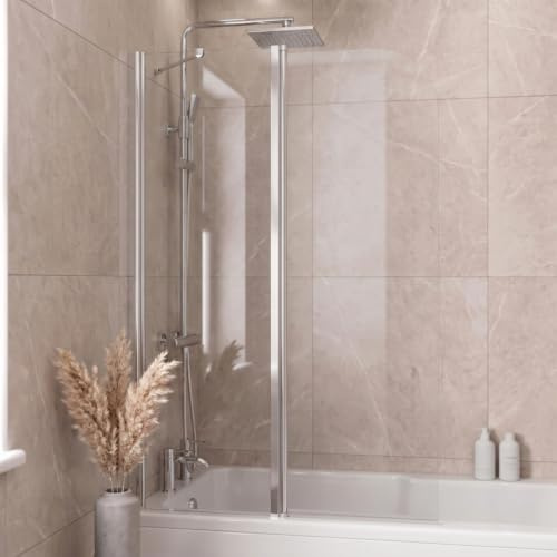 Luxura® 1000 x 1400mm 2 Section Chrome Frameless Over Bath Shower Screen for Bathroom 6mm Clear Toughened Safety Glass Panel 180° Pivot Folding Hinged Splash Guard Panels Screens for Baths Reversible