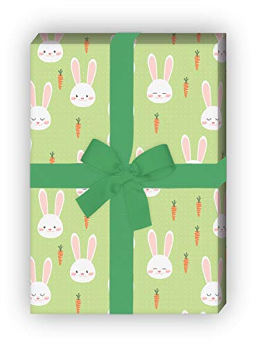 Kartenkaufrausch Süßes Häschen Geschenkpapier Set mit Karotten auf Punkten für liebevolle Geschenk Verpackung 32 x 48cm, 4 Bögen zum Einpacken für Geburtstage, Geburt, Ostern, grün