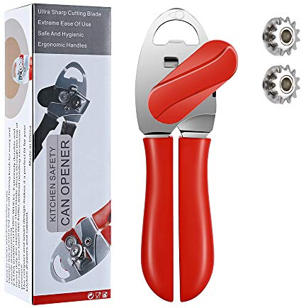 Can Opener Manual Tin Opener for Seniors with Arthritis , Handheld Can Opener Safe Cut Smooth Edge with Ergonomic Grip Large Turn Knob(Red)