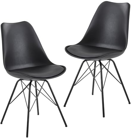 FineBuy Esszimmerstuhl 2er Set Schwarz Skandinavisch, Küchenstuhl | Schalenstuhl mit Kunstlederbezug und Filzgleitern, Polsterstuhl Retro, bequeme Sitzschale, Stuhl gepolstert