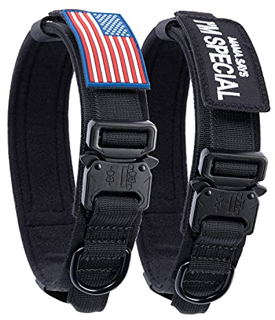 Taktisches Hundehalsband mit USA-Flagge – Militärisches dick Griff strapazierfähiges Nylon-K9-Halsband, verstellbare Metall-Kobra-Schnalle für mittelgroße und große Hunde M L XL Kaufest 2 Patches