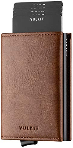 VULKIT Kreditkartenetui Echtleder RFID Blockieren Bifold Geldbörse Herren Portemonnaie mit Münzfach & Banknotenfach (V3 Braun)