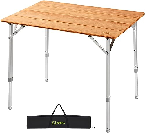 ATEPA Klapptisch aus Holz, höhenverstellbar, umweltfreundlicher Bambus-Campingtisch mit Aluminiumbeinen, Tragetasche für Reisen, Picknick, Strand, Angeln, Outdoor, Innenbereich, 2–4 Personen