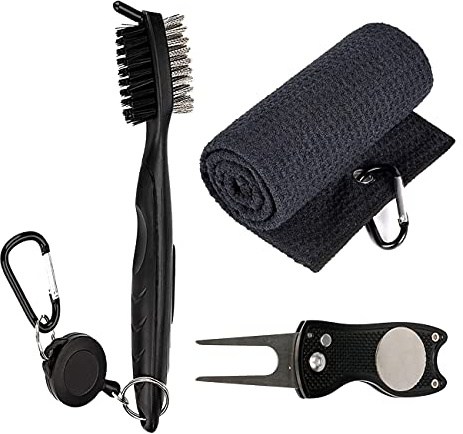 QeeHeng rengöringsborste för golfklubbor, golfklubba-spår rengöringsborste, golf-mikrofiber rengöringsduk, vikbar, reparationsverktyg med bollmarkör, praktiskt rengöringsset för golfares