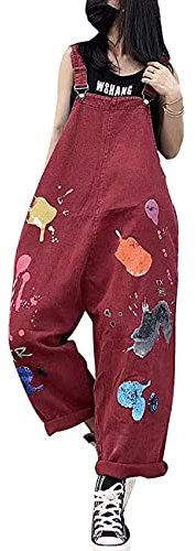 Bifscebn Donna Salopette Tuta casual ampia stampata Tute di jeans con tasche Style 1 Burgundy