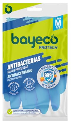 Bayeco - Wiederverwendbare Schutzhandschuhe, antibakteriell, extra Schutz für die Reinigung Ihres Badezimmers, Farbe Blau, beflockte Innenseite für weniger Schwitzen und mehr Komfort, 1 Paar, Größe M