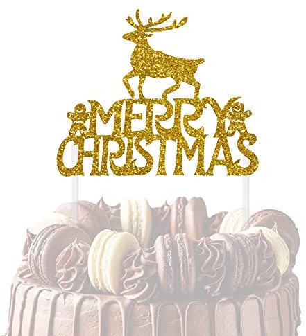 Reusable Christmas Cake Topper, Double-Sided Glitter Card Christmas Cake Decorations and Holiday Cake Decorations, Glitter and Gold, MERRY CHRISTMAS Reindeer and Gingerbread Men - 3 Little Desserts