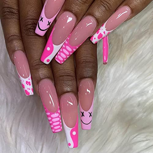 Carufin 24 Stück Rosa Yin Yang Falsche Langer Sarg Lächelndes Gesicht Acryl Falsche Nägel Press on Nails Ballett Künstliche Nägel für Frauen Mädchen