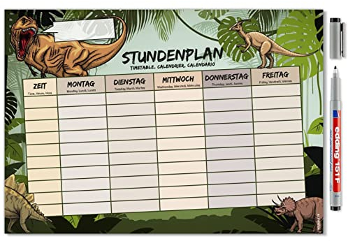 younikat Stundenplan magnetisch abwischbar I Dino-Motiv I inkl. Stift mit Namesnfeld I wiederbeschreibbar I Einschulung I dv1170