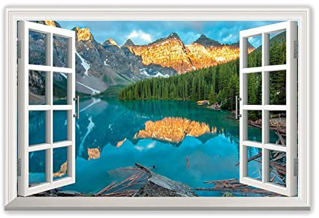 Tableau de Paysage-Impression sur toile Fausse Fenêtre-Decoration Murale Salon Moderne 3D fenêtre Vue Tableau XXL-Image Paysage Lac et forêt dans les montagnes 30x45cm(12x18in)Sans cadre