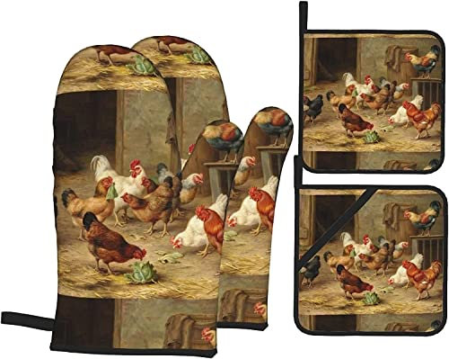 Poulet rôti Poule Ferme Mitaines de Four et maniques Gants de Barbecue imperméables et durables pour la Cuisson Cuisson au Gril Ensemble de 4 pièces