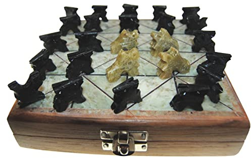 Handmade Foldable Travel Wooden & Stone Bagh Chal Moving Tigers Nepal Traditional Boardgame &Pieces