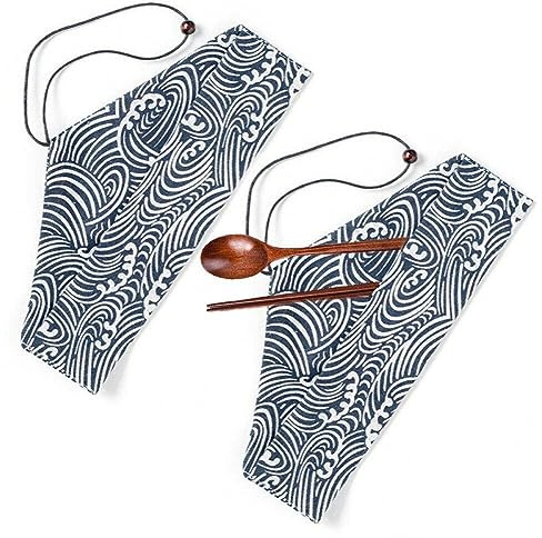 Dinntty Sac de Vaisselle Portable 2 pièces, Pochette à Baguettes imprimée Japonaise, Sac de Rangement de Couverts de Voyage en Plein air, Sac en Tissu pour cuillère Fourchette