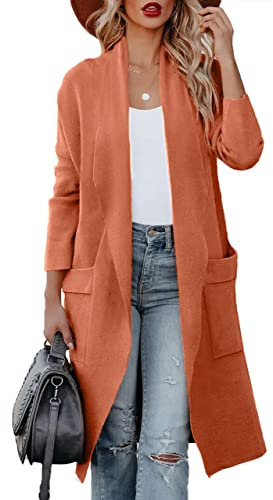 Maavoki Cardigan da Donna, a Maniche Lunghe, Aperto sul Davanti con Tasca, Casual, Lungo, Tinta Unita, Colore: Arancione., M