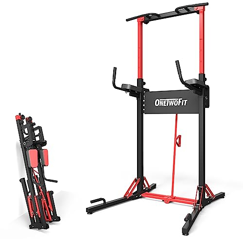 ONETWOFIT Faltbar Power Tower Dip Station & Kraftturm, höhenverstellbar multifunktionale Kraftstation mit Klimmzugstange Liegestützgriffe, Schwere Krafttrainingsgeräte für Fitnessstudios Max 180KG