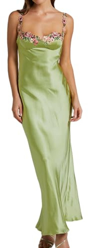 Maxi abito sexy in raso con spalline sottili ricamate, floreale, da donna, con scollo a cuore e schiena scoperta, senza maniche, abito midi con fessura, XL