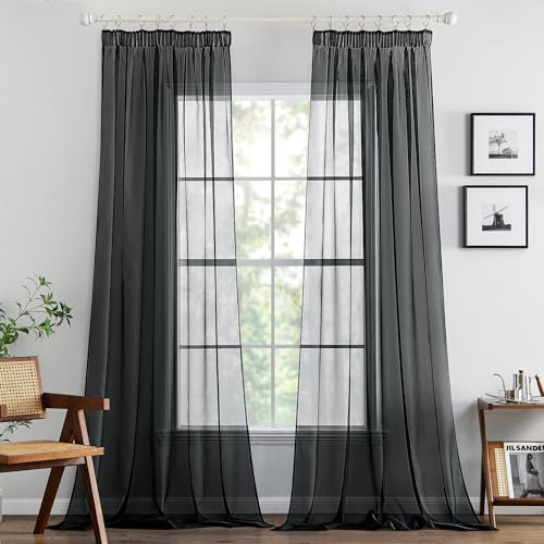 MIULEE Gardinen Vorhänge mit Kräuselband Vorhang Transparente Gardine aus Einfarbig Transparent Sheer Voile Wohnzimmer Luftig Dekoschal für Schlafzimmer 2er Set 225 x 140cm (H x B) Schwarz