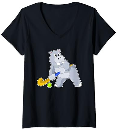 Damen Nilpferd Feldhockey Feldhockeyschläger Sport T-Shirt mit V-Ausschnitt