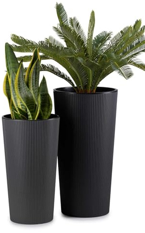 HowHomely 2 x stor blomkruka med växtinsats | Stor svart plastblomkruka för vardagsrum eller trädgårdsdekoration | Set med 2 krukfodral (30 x h57 cm och 25 x h46 cm)