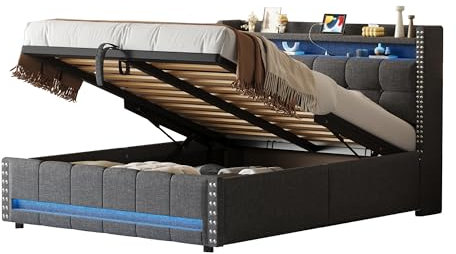 Azkoeesy Polsterbett mit Bettkasten, LED-Beleuchtung und USB-Ladefunktion, Doppelbett mit Stauraum und Ablage, Lattenrost, Rivetdekoration, Leinenbezug, Grau (140 x 200)