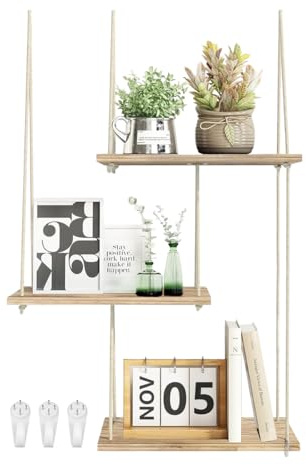 Wondramble Holz Wandregal,Boho Wand Hängeregal,Für Wohnzimmer,Schlafzimmer,Badezimmer,Balkon Dekoration und Lagerung Holz Schweberegal