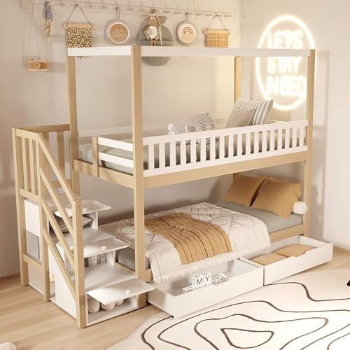 MQGPM Etagenbett 90x200 cm mit Treppe und Stauraum, Stockbett Kinderbett mit 2 Schubladen und Rausfallschutz, Bettgestell mit Lattenrost, Stauraumbett für Kinder und Jugendliche, Weiß