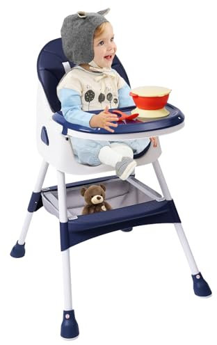 czyuRachel Hochstuhl Baby mit Liegefunktion, Babystuhl Doppeltes Tablett Einstellbare Höhe mit Schrittpfosten und Sicherheitsschnalle für 6 Monaten bis 6 Jahren, Blau
