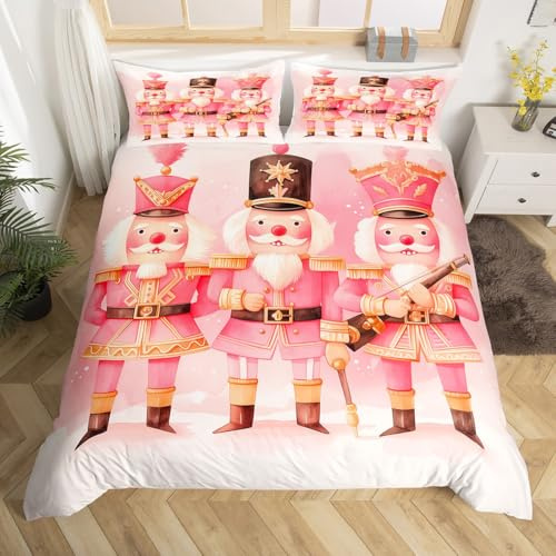 Homemissing Pink Nutcracker Bedding Duvet Cover Set Double Size Catoon Royal Guarder Bedding Set Merry Christmas Snowflake Comforter Cover Set for Xmas Bedspread Cover With 2 Pillow Case,No Comforter