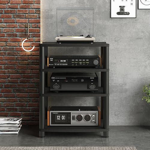 Hifi Rack Aus Holz & Stahl,Stereoschrank,Hifi Konsolen Regal Eckkommode Shelf Rack,Audio-Tower,Eck-Entertainment-Center,4-Stufiger Audio-Medienständer,Audio-Video-Regal Mit 3/4/5/6 Ebenen(Black,H88cm/