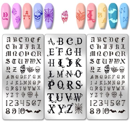 PH PandaHall 3pcs Letter Nail Stamping Plates Font Letters Number Nails Image Plates Gothic Style Skull Manicure Art Templates Alphabet Nail Art Stencils for Women Manicures DIY Design Printing