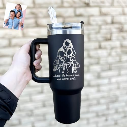 Drawelry Personalisierte Foto Thermobecher mit Henkel Deckel Strohhalm 1.2L Edelstahl Trinkflasche Kaffee Wasser Trink Reise Auto Becher Geburtstag Geschenke für Frauen Männer Paar Liebhaber (B4)