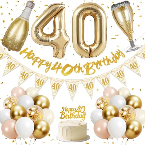 Deko 40. Geburtstag Frauen, Happy 40th Birthday Banner, 40 Jahre alte Folienballons, Champagner Flasche und Glas Folienballons, Gold, Rosa, Weiß und Konfetti-Luftballons, Kuchentopper