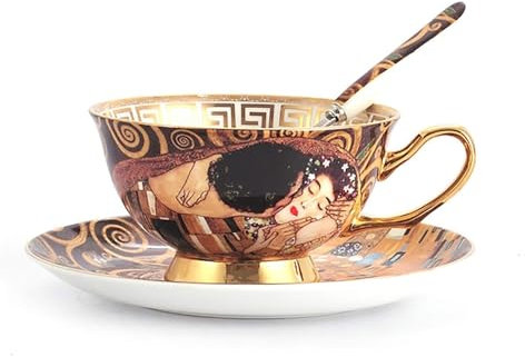 BEAUTRIO Juego de té de porcelana china de colores: tazas vintage con detalles dorados, platillos y cucharas