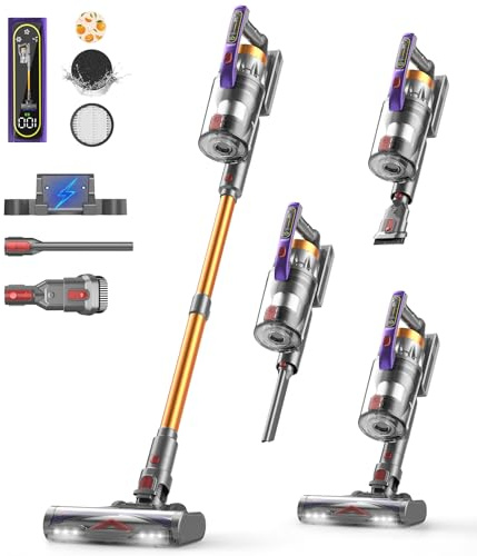 CHEBIO Akku Staubsauger, 580W/48000pa/65Mins Staubsauger Kabellos mit LED-Anzeige, Anti-Tangle-Bürste, Freistehender, Aufladen an der Wand, für Boden/Teppich/Tierhaare