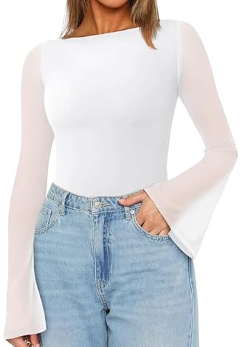 LACOZY Women’s Bell Long Sleeve Shirts Going Out Boat Neck See Through Tops Casual Slim Fit Clothes White S