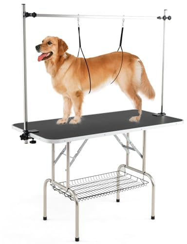 COSTWAY Tavolo da Toelettatura per Cani, Accessori Pieghevole per Toilette con Bracci Regolabili in Altezza, Guinzagli e Morsetti a Vassoio a Rete, Portata 150 kg (125 x 61 x 162,5 cm)