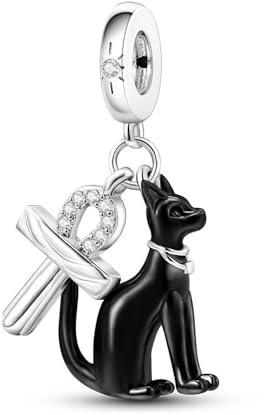 SBUTUXC Breloque chat noir, pendentif en argent sterling 925 avec cœur en cristal, 2,9 x 1,3 cm, pour bracelet femme