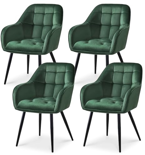 ELUCHANG Esszimmerstühle 4er Set, Samtstoff, Moderne Küchenstuhl Polsterstuhl mit Armlehne, 150 kg belastbar, Sessel Bequem, Wohnzimmerstuhl, Loungesessel für Esszimmer, Wohnzimmer, Dunkelgrün