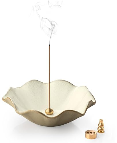 KOKUNKA 4 in 1 Incense Holder Incense Burner with 3 Incense Sockets, 6 Inch Incense Holder for Sticks, Lotus Cone Incense Bowl, Incense Stick Holder for Meditation Yoga Home, White