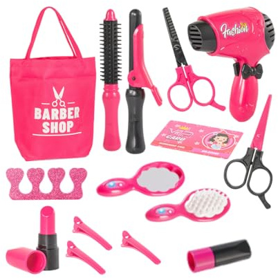 Fuwraixis Set de peluquería para niños, 15 Piezas Simulación Juguete de Peluquero, Niñas Jugando a Las casita, Accesorios para Juegos de rol, Regalos para niños