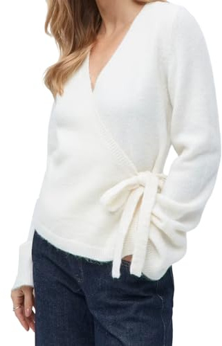 Qtinghua Women's Y2k Wrap Sweater Cardigan Long Sleeve V Neck Self-Tie Knitted Tops Soft Cozy Knitwear for Casual Office Date Streetwear (White, M)