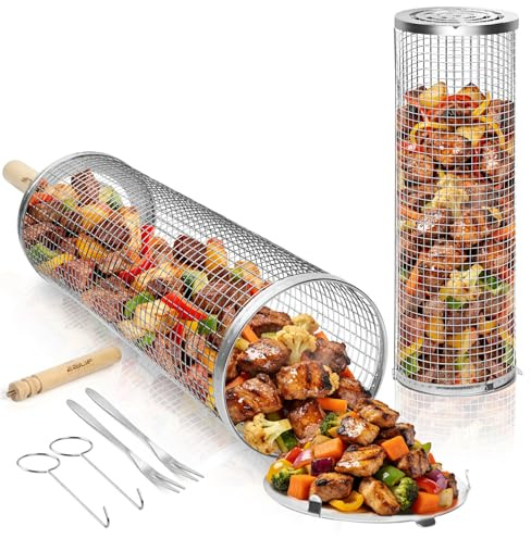 Ezilif Grillkorgset, avtagbart trähandtag, 304 rostfritt stål, grilltillbehör för grönsaker, kött och skaldjur, kan användas för kolgrill, gasgrill, campingprylar, presenter födelsedag