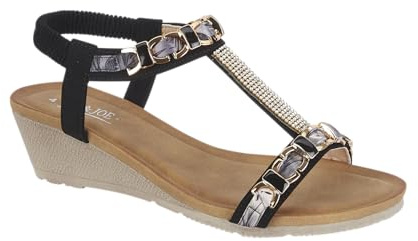 Jo & Joe Ladies Mid Heel Wedge Comfort Sandal with Glitzy Jewels and Elasticated Slingback Strap, Flexible sole sizes 4-8