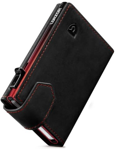 LORZOR Kartenetui mit Magnetischer Verschluss, Slim Wallet mit Münzfach, Geldbörse Herren RFID Schutz, Portmonee Herren Portemonnaie für 10 Karten, Smart Wallet, Geldbeutel (Rot-Schwarz)