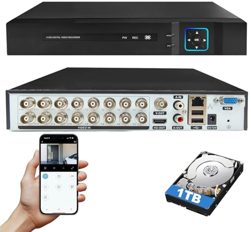 16 Channel Security DVR Recorder With 1TB HDD, 6-In-1 CCTV Recorder With Hard Drive, Supports 16ch Analog Cameras for Camera Home Surveillance System, for Analog AHD, TVI, CVI, CVBS, XVI, IPC 5MP