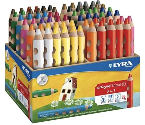 LYRA Groove Triple I Holzaufsteller mit 72 Farbstiften, Sortiert | Holzbuntstift, Wachskreide, Aquarellstift, dreikant, Mine 10mm, ergonomischer Naturgriff, Holzkiste, sortierte Farben
